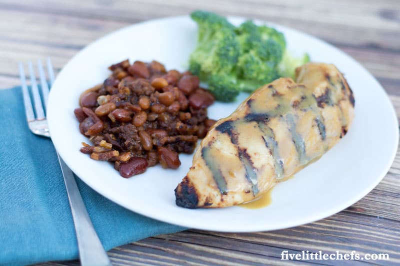Easy Grilled Honey Mustard Chicken is tender & juicy! This can be grilled for the perfect summer BBQ. Save some for a salad or a wrap the next day. fivelittlechefs.com