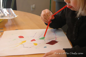 Create art by blowing paint through a straw at fivelittlechefs.com Supplies are basic; paper, water; paint, drinking straw, brush. #kids crafts #art