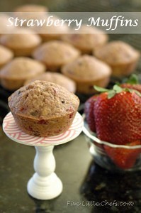 Strawberry Muffins from fivelittlechefs.com An easy delicious recipe to use up those fresh softer strawberries about to go bad.. #strawberry #muffin #recipe