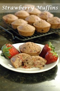 Strawberry Muffins from fivelittlechefs.com An easy delicious recipe to use up those fresh softer strawberries about to go bad.. #strawberry #muffin #recipe