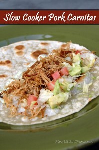 Pork Carnitas by fivelittlechefs.com is a great slow cooker recipe that can be started the night before and done by morning. #recipe #pork #pork carnitas