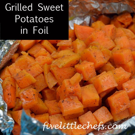 Grilled Sweet Potatoes in foil from fivelittlechefs.com is a fun way to cook perfectly soft sweet potatoes. #grilledsweetpotatoes #kidscooking #recipe