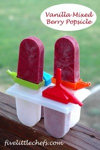 Vanilla Mixed Berry Popsicle from fivelittlechefs.com A fun summer treat to cool you down. #popsicle #vanillaberry #recipe