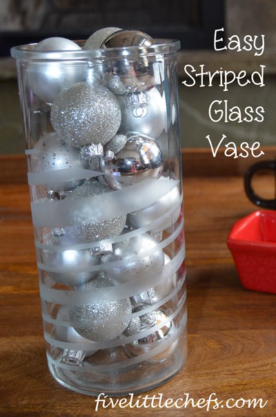 Using Martha Stewart Glass Etching paint and some tape, creating a striped glass vase is easy. #MSholiday