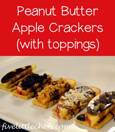 Peanut Butter Apple Crackers from fivelittlechefs.com is a simple snack kids can customize themselves! Go on, play with your food! #peanutbutter #apple #kidscooking