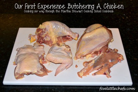 Our first attempt at cutting up a chicken by following Martha Stewart's instructions for #cookingschool. #kidscooking #chicken
