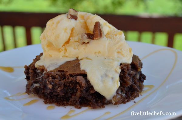 Chocolate Turtle Cake is an easy recipe. Use a german chocolate cake mix then add in some chocolate chips and caramel. 