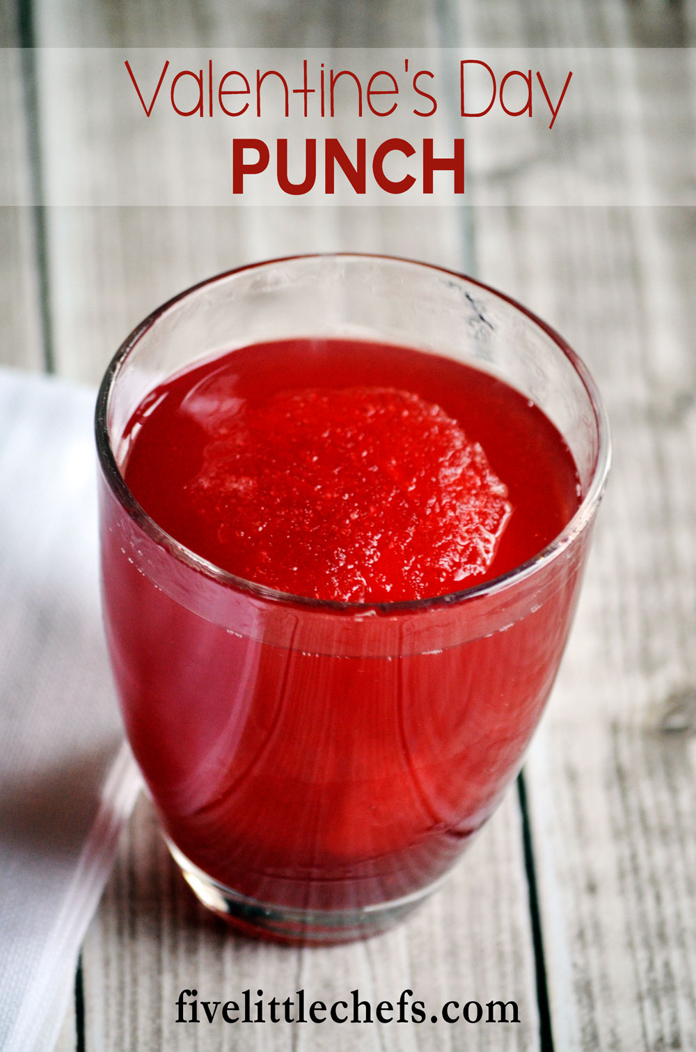 Don't forget a special Valentine's Day Punch to go along with your Valentine's Day meal. This red drink needs to be put together the night before to freeze. An hour before your special dinner thaw the frozen part and then combine it with soda. I love simple recipes like this. 