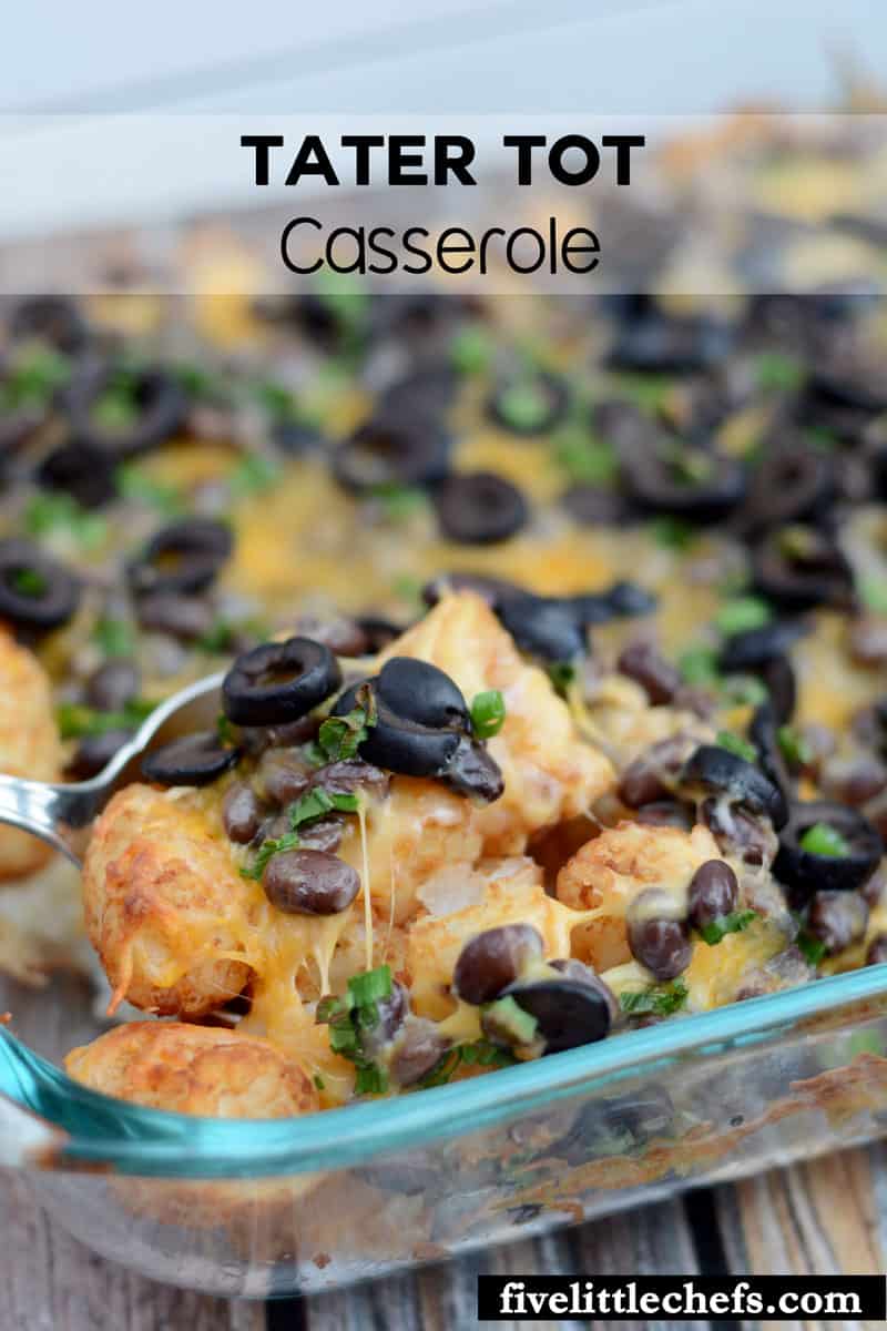 This tater tot casserole is a super easy recipe designed especially for kids. It is cheesy and meatless! If you want to spice it up for the adults just add some salsa. fivelittlechefs.com