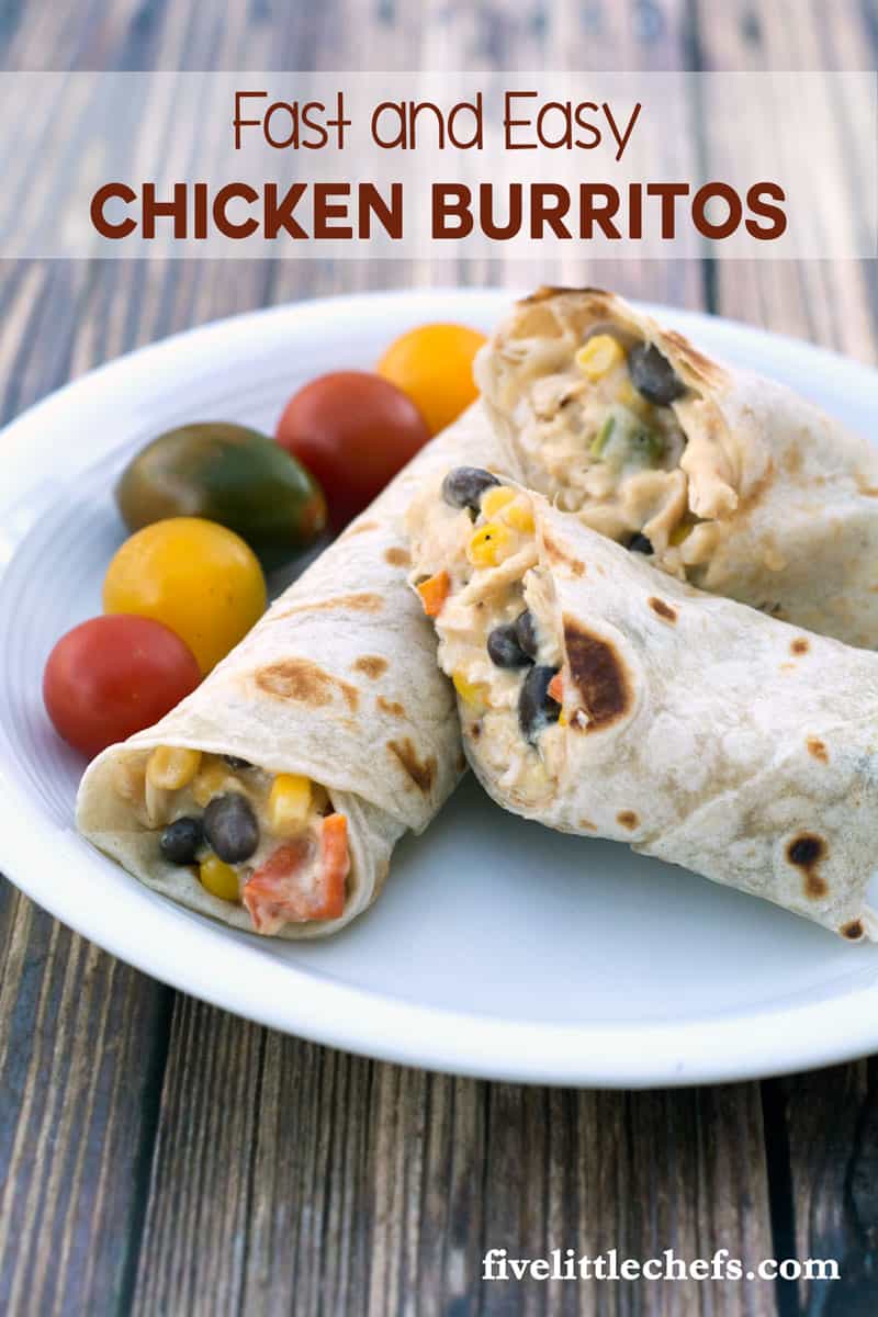 Easy chicken burritos recipe is made with frozen vegetables from the freezer, shredded cheese and rotisserie chicken. This recipe can be completed easily within 15 minutes.