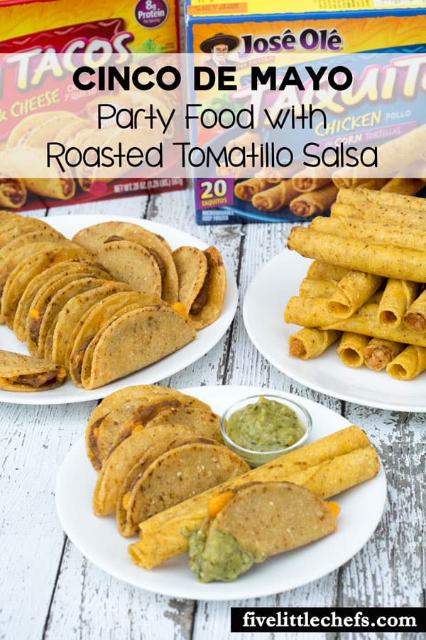 Cinco de Mayo fun and convenient party food tastes great when paired with a freshly Roasted Tomatillo Salsa that takes 15 minutes to make. You will be ready to entertain your guests in 30 minutes! Jose Ole Central and #JustSayOle