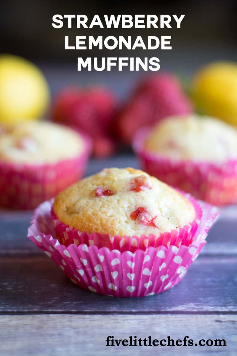 Strawberry Lemonade Muffins are tangy from the lemon juice and sweet from the finely chopped pieces of fresh strawberry. Perfect to make when strawberries are cheap in the spring. These make a delicious breakfast, brunch or snack anytime of the day. fivelittlechefs.com
