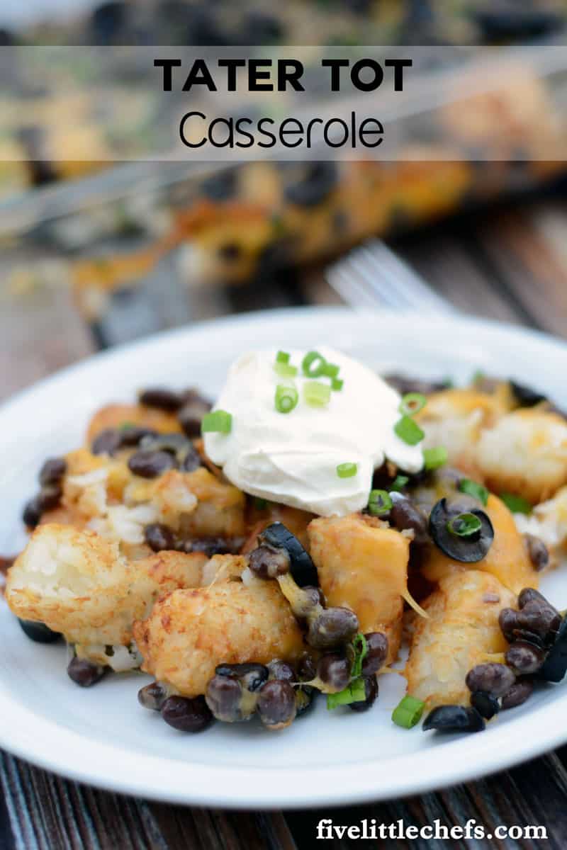 This tater tot casserole is a super easy recipe designed especially for kids. It is cheesy and meatless! If you want to spice it up for the adults just add some salsa. fivelittlechefs.com